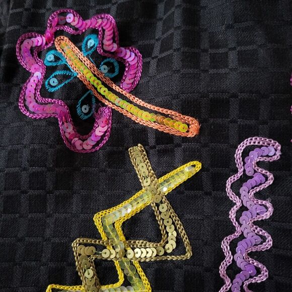 Black Jacket Bright Floral Accents Glass Buttons M Sequined Embroidered Alex Kim - Picture 10 of 11